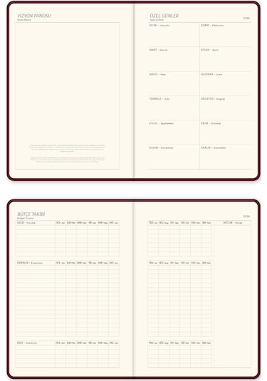2026 A5 Keten Haftalık Ajanda 12 Aylık Bordo Bordo