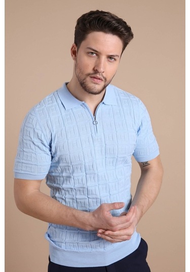 Ferraro Mavi Polo Yaka Fermuarlı Erkek Pamuk Triko T-Shirt-Mavi (490417758) Mavi