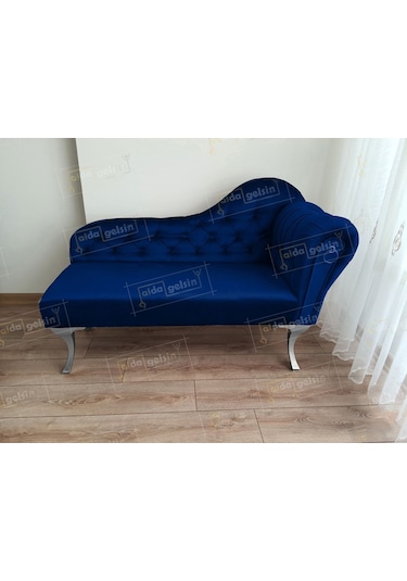 Ters Kol Dekoratif Bihter Koltuk Josefin Puf 110 Cm Gümüş Ayak Lacivert