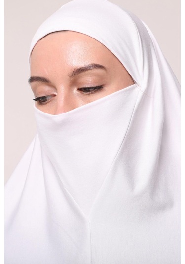 Kollu Sufle Çarşaf Üstü Peçeli Pratik Tesettür Hijab - Nikaplı Namaz Örtüsü Beyaz