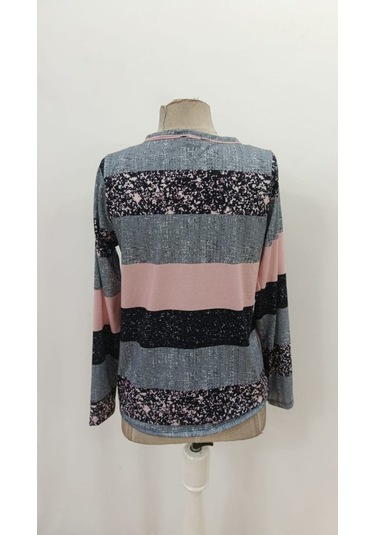 Tua Moda Kadın Uzun Kollu Yakadan Düğmeli Çizgili Desenli Süprem Bluz Pembe