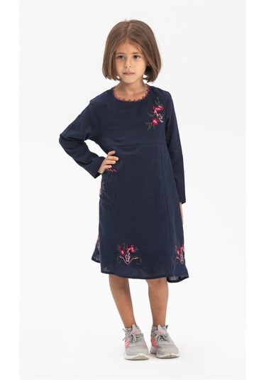 Uzun Kol Şile Bezi Burçak Çocuk Elbise Lacivert Lcvt