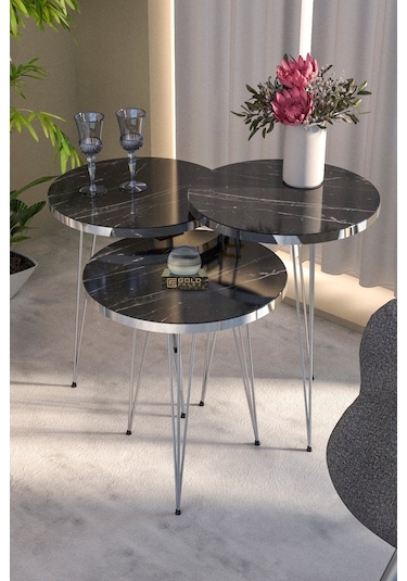 Zigon Sehpa Ve Orta Sehpa Elips Set Gümüş Bendir Tel