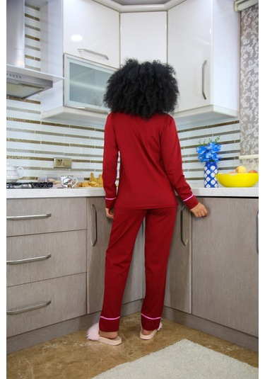 Akbeniz Kadın %100 Pamuk Penye Önden Düğmeli Uzun Kol Pijama Takım 2716 - 2XL Bordo