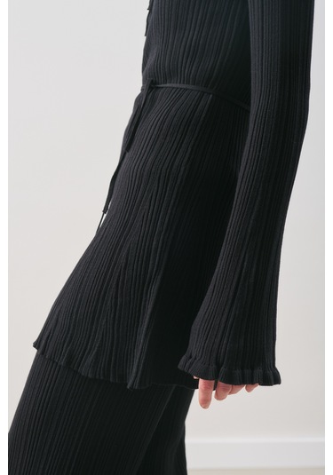 Volanlı Lastik Örgü Tunik Siyah Siyah