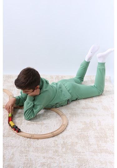 Erkek Çocuk Kapşonlu Eşofman Takımı 4 Mevsim Wolf Baskılı Ribanalı F12 Yeşil