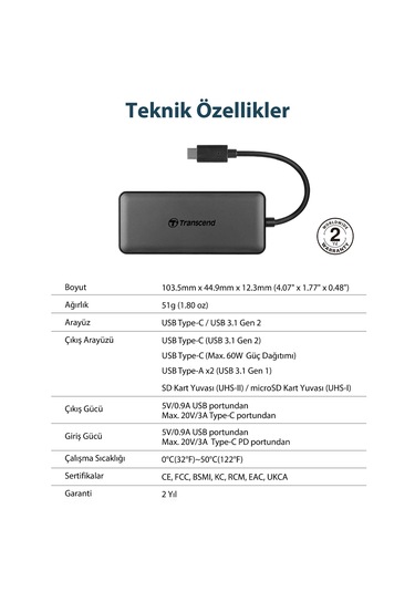Transcend TS-HUB5C 2-Port Type-A,1-Port Type-C,1-Port PD,SD/MicroSD Gen 2 Type C HUB & Kart Okuyucu