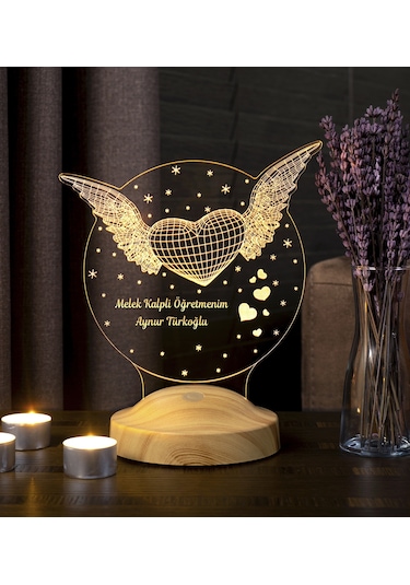 Öğretmenler Günü Hediyesi, Öğretmen Hediyesi Kanatlı Kalp Kişiye Özel Led Lamba