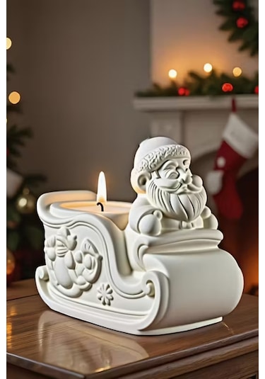 Minimal Yeni Yıl Hediyesi, Noel Baba Biblo Mumluk Ve Mum Beyaz