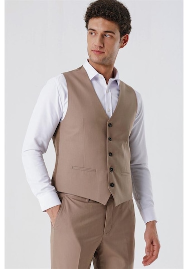 Koyu Bej V Yaka Klasik Yelek 1009230104-Koyu Bej