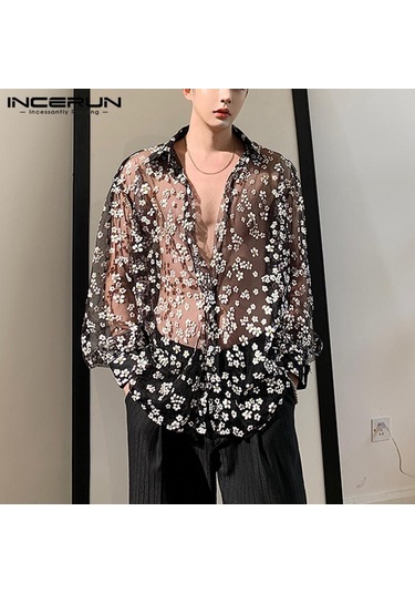 İncerun Erkek Club Party Perspektif Gömlek Yaz Uzun Kollu Fileli Transparan Gömlek Siyah