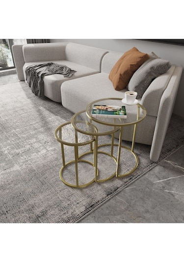 Dekoport Milas Mat Gold Zigon Sehpa - Temperli Şeffaf Cam Gold