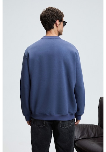 Grimelange LUCIAN Erkek Göğsü Baskılı Yuvarlak Yaka Regular Fit İndigo Sweatshirt