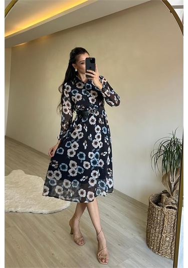 Neşeli Butik Kadın Desenli Gömlek Yaka Midi Elbise Nm011 Mint Yeşili