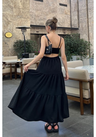 Siyah Pileli Katlı Maxi Etek Siyah