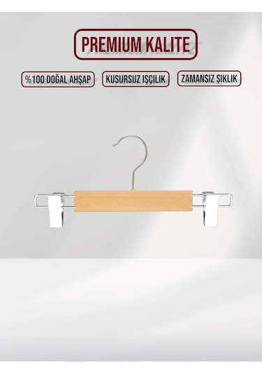 Naturel Bebek Ahşap Pantolon Etek Askısı Gümüş Kancalı 10 Adet Naturel