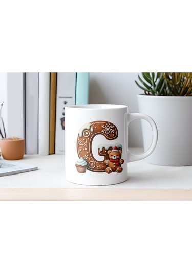 G Kurabiye Harf Ve Ayıcık Detaylı Kupa Bardak - Yeni Yıl / Yılbaşı Temalı Tasarım - Noel Hediye Beyaz