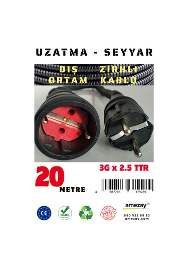 20 Metre Dış Ortam Spiral Zırhlı Uzatma Kablosu - G3x2.5 Kablo Kesiti 20 Metre