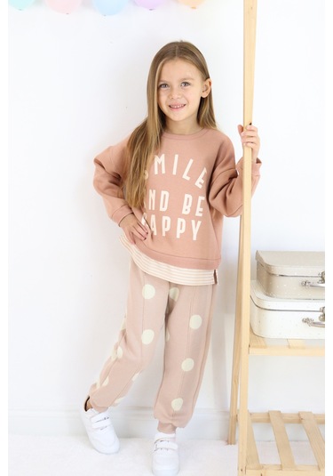 Kız Çocuk Smile And Happy Baskılı Kalın Eşofman Takımı Açık Kahverengi