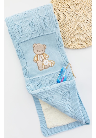 Ayıcık Figürlü Triko Bebek Battaniyesi Mavi
