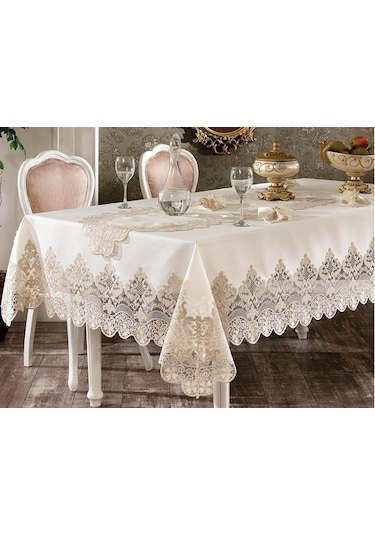 Fransız Güpürlü Yakut Masa Örtüsü Takımı 26 Parça Ekru Altın