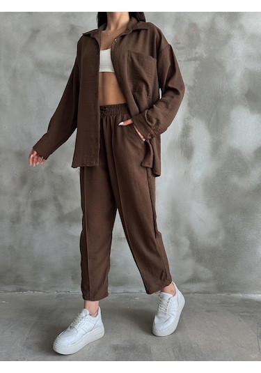 Kadın Oversize Keten Gömlek Pantolon Alt Üst Takım Kahverengi Kadın Oversize Keten Gömlek Pantolon Alt Üst Takım Kahverengi