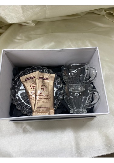 Türk Kahvesi Seti Hediye Kutusu 2 Cam Fincan, Sunum Tabağı, Mehmet Efendi Kahve Özel Hediye Seti -
