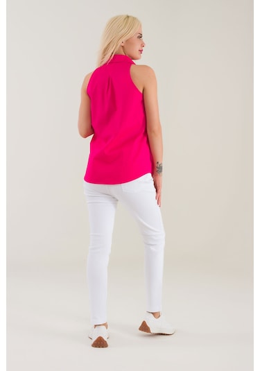 Bold & Young Kadın Fuşya Kolsuz Omuz Açık Likralı Poplin Gömlek 9208 Fuşya