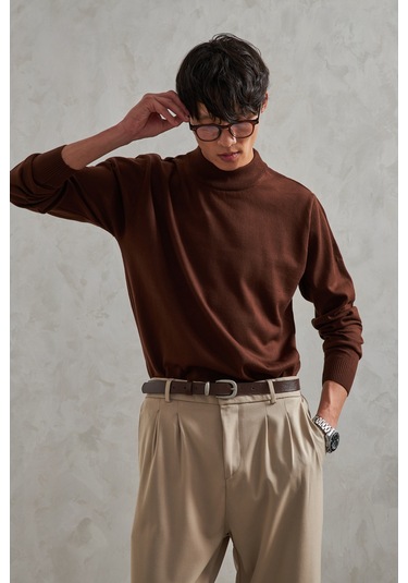 Erkek Yarım Balıkçı Oversize Basıc Triko Kazak Kahverengi