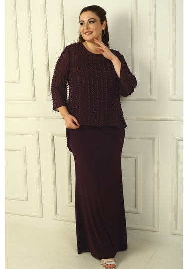 İçi İp Askılı Astarlı Uzun Sandy Elbise Arkası Düğmeli Boncuklu Şifon Bluz Büyük Beden 2'li Takım Mürdüm İçi İp Askılı Astarlı Uzun Sandy Elbise Arkası Düğmeli Boncuklu Şifon Bluz Büyük Beden 2'li Takım Mürdüm