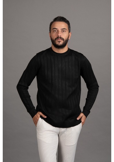 Sıfır Yaka Kendinden Çizgili Likralı Akrilik Mevsimlik Kazak Siyah