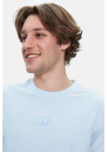 Fabıo Gök Mavi Bisiklet Yaka Baskılı Standard Fit Erkek Tshirt Gök Mavi