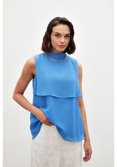 Sateen Aksesuar Detaylı Volanlı Bluz - Mavi