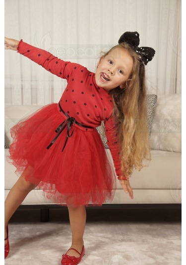 Puantiyeli Kız Çocuk Uzun Kollu Doğum Günü Ve Özel Günler İçin Tüllü Elbise Kırmızı