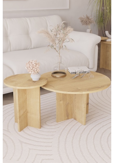 2 Li Orta Sehpa Seti, İskandinav Stil, Bohem, 72 Cm, 40 Cm - Safir Meşe