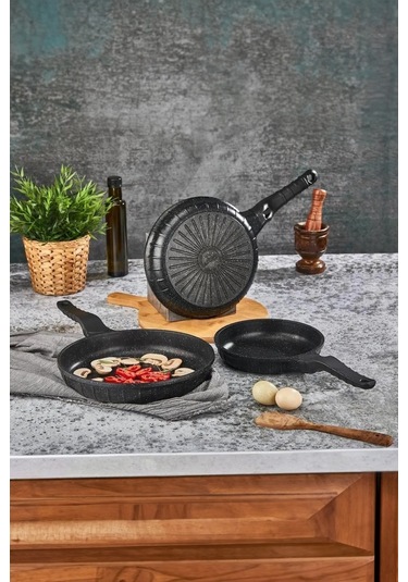 Line 3 Parça Döküm Tava Set 20/24/28 Cm Yapışmaz Siyah