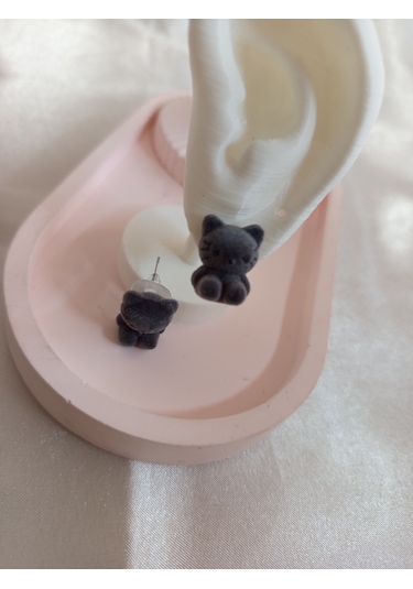 Gri Peluş Kedili Küpe