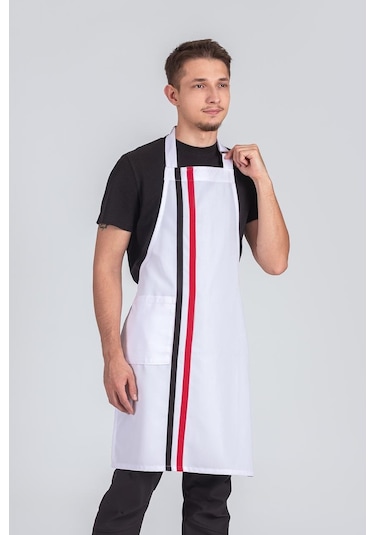 Erkek Boyundan Asmalı Çizgili Barista Şef Mutfak Önlüğü Beyaz