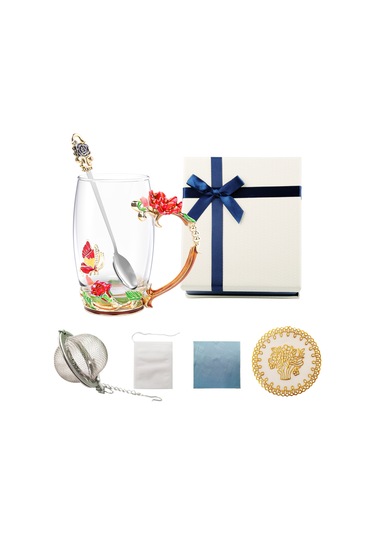 Neevoyu Kırmızı Cam Çay Bardağı Seti 350ml - Floral Desenli, Isı Yalıtımı, Kaşık+temizlik Bezi+hediye Kutusu İle - Açık Renkli Zümrüdüanka Desenli Ev Dekorasyonu Ve Çay Zevki Çok Renkli