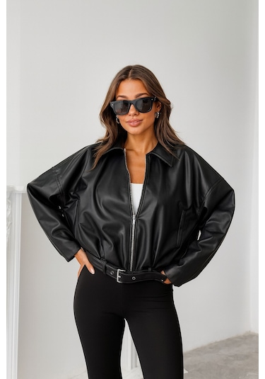 Prifaldi Pb Oversize Bomber Deri Ceket Siyah