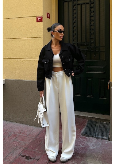 Siyah Çift Cep Denim Crop Ceket Bcdf-255419 Çok Renkli
