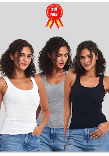 Mmetalic Mmetalıc Fitilli Görünümlü Askılı Kalın Basic Kadın Atlet Bluz 3'lü - Siyah - Beyaz - Gri