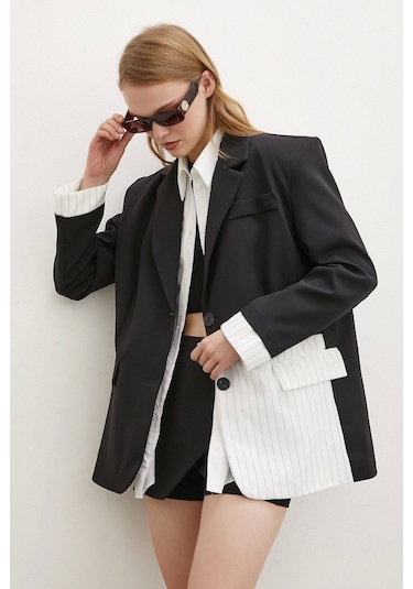 Never More Çizgi Detaylı Çift Düğmeli Blazer Ceket Beyaz Beyaz