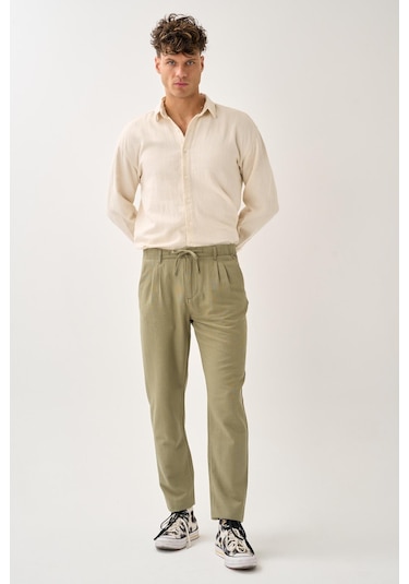 Alexandergardi Regular Fit Beli Lastikli Keten Pantolon haki