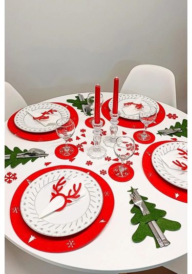 Yılbaşı Temalı Supla Seti Kırmızı-yeşil Keçe, 4 Kişilik Kırmızı