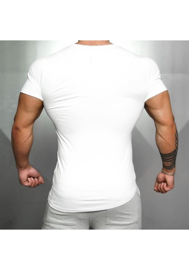 Beyaz Muscleguys Fitness Spor Tişört Kas Yelek Erkek Yüksek Elastik Eğitim Kısa Kollu Hafif Nefes Alabilen Spor Salonu Vücut Geliştirme Tişörtü Beyaz