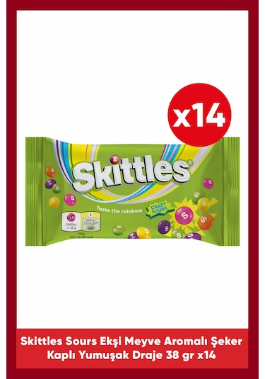 Skittles Sours Ekşi Meyve Aromalı Draje Şekerleme 38 G X14