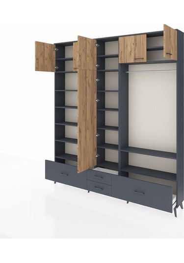 Arges Dolap 18 Raflı 4 Çekmeceli Tek Askılı 220x30x243 Antrasit-çam/antrasit Atlas Çam/antrasıt