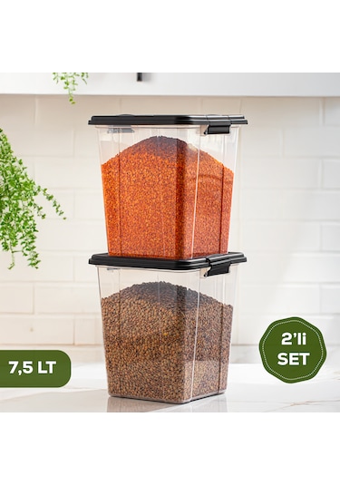 Porsima 4378 2li Mega Boy Hava Geçirmez Deterjan Saklama Kabı Erzak Saklama Kabı Seti Gri 7,5 Lt Şeffaf Siyah