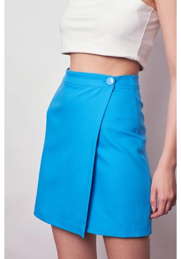 Kadın Yüksek Bel Kruvaze Model Hafif Likralı Şık Kumaş Ofis Etek-mavi Mavi